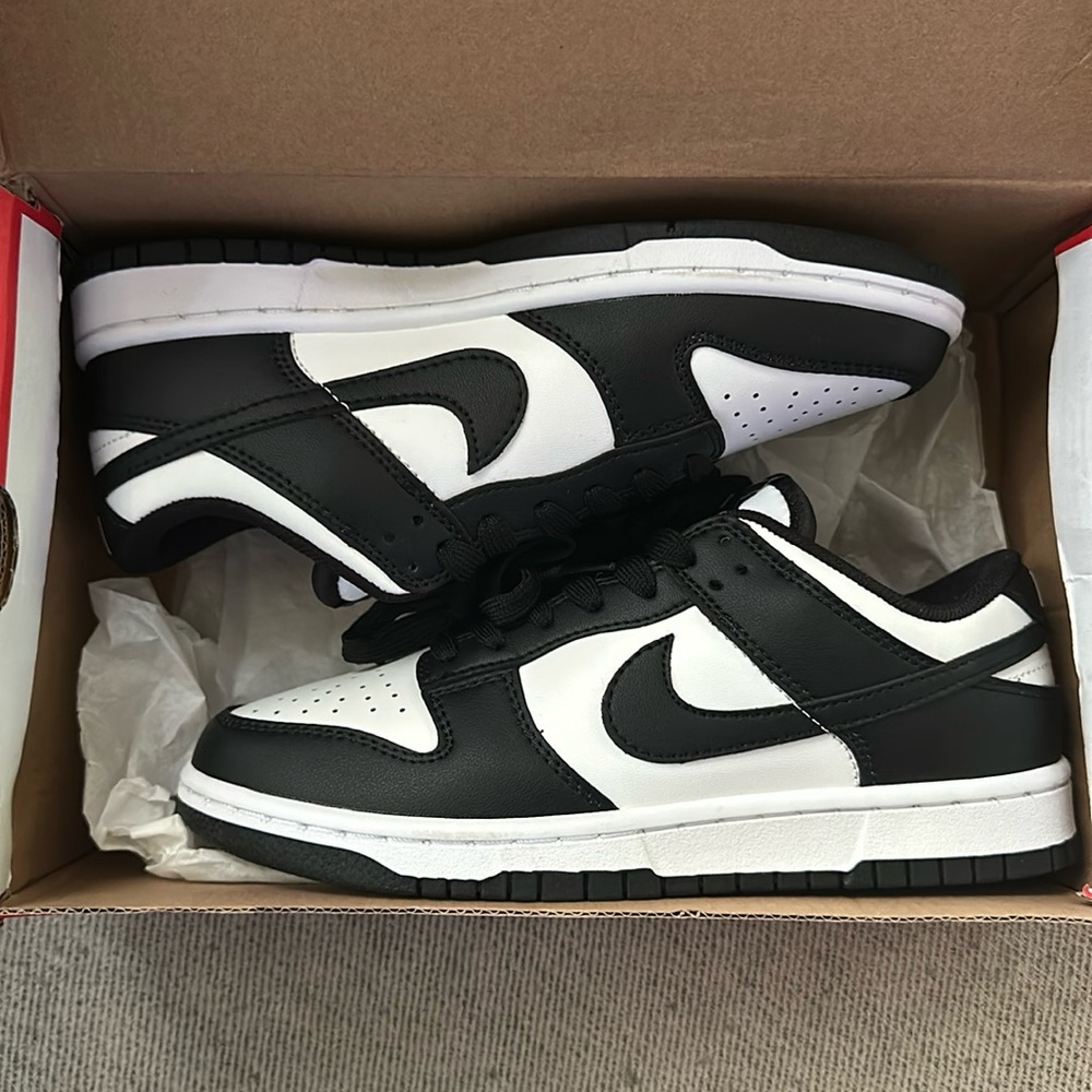 Women’s size 8 Dunk Low Pandas, white/black, BNIB w/ new pair of Nike Ankles